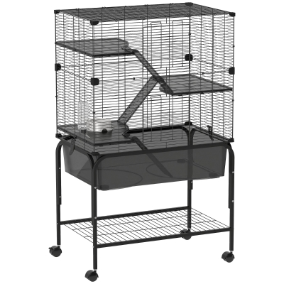 PawHut Jaula para Animales Pequeños de 4 Niveles con Ruedas Bandeja Profunda Rampas Plataformas y Comedero 73x47x123 cm Negro