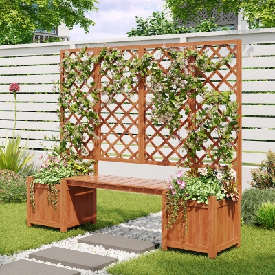 Pflanzkübel mit Spalier und Sitz für Garten, Hof, Terrasse, für Kletterpflanzen, 169 x 42 x 145 cm, Braun