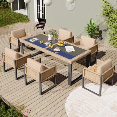 Rattan-Tisch- und Stuhlset, 1 Tisch, 6 Stühle, Tischplatte aus gehärtetem Glas, Braun+Schwarz
