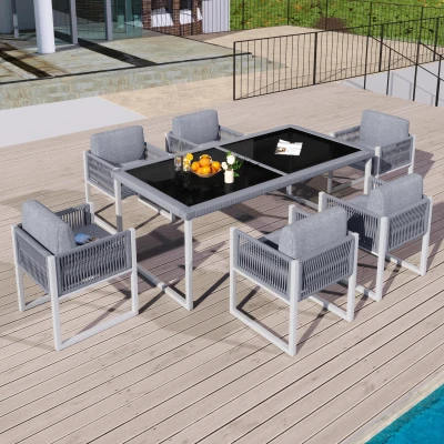 Ensemble table et chaises en rotin, Gris+Blanc