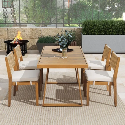 Ensemble de salle à manger 5 pièces avec table en bois, Blanc + Couleur naturelle