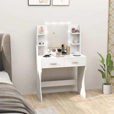 HOMCOM Kaptafel met Spiegel en Dimbare LED-Lampen, Laden, Planken, Wit
