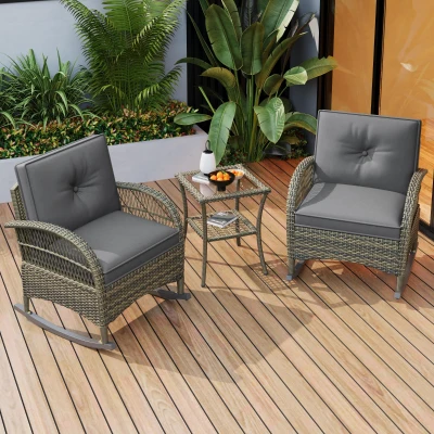 Ensemble de balcon en rotin 3 pièces avec 2 fauteuils à basculeGris