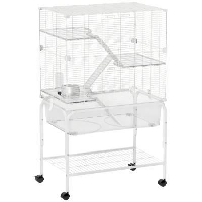 PawHut Gaiola para Pequenos Animais de 4 Níveis com Bandeja Inferior Rodas Rampas Comedouro e Bebedouro 73x47x123 cm Branco