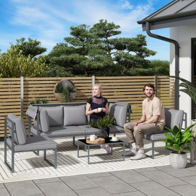 Outsunny Außenmöbel-Set, 3-Sitzer-Sofa mit Baldachin, 2 Stühle, Couchtisch mit Glasplatte, 12 Kissen, Stahlrahmen, Grau
