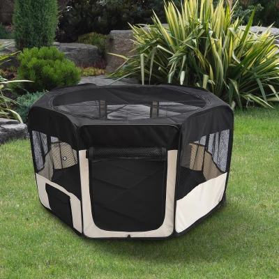 PawHut Parque para Animais de Estimação Dobrável com 2 Portas e Almofada Tecido Oxford Ø114x58 cm Preto e Creme