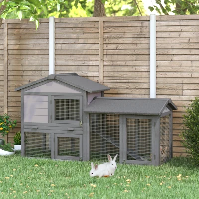 PawHut Casa para Coelhos de Madeira Coelheira para Exterior com Bandeja Removível 147x54x84cm Cinza