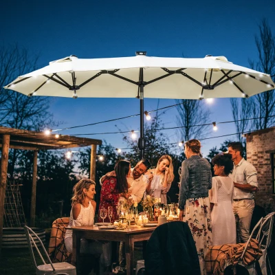 Outsunny dubbele zonwering, terrasscherm, kantelbaar, met zonnepaneel, 35 LED's, stalen frame, beige, 2,95 x 1,50 x 2,19 m