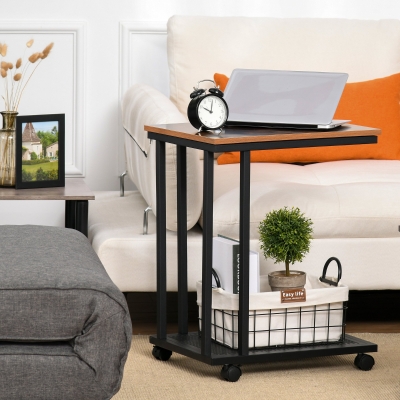 HOMCOM Mesa Lateral mesa Auxiliar com Rodas para Sofá Sala de Estar Dormitório Estilo Industrial Retrô Metal e Madeira 51x36x65cm Madeira e Preto