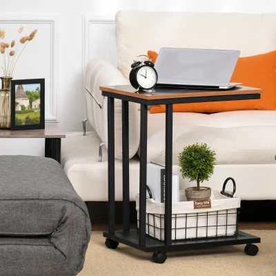 HOMCOM Mesa Lateral mesa Auxiliar com Rodas para Sofá Sala de Estar Dormitório Estilo Industrial Retrô Metal e Madeira 51x36x65cm Madeira e Preto