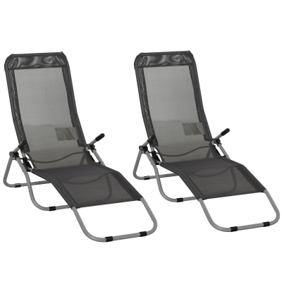 Outsunny Set of 2 Portable Chaise Lounge Chairs Steel Grey