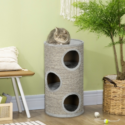 PawHut Barril para Arranhar Gatos de 3 níveis Torre para Arranhar Gatos com 3 Entradas e Tampa em Sisal Ø38x70cm Cinzento Claro