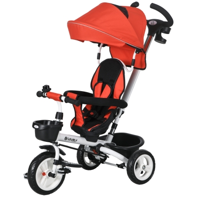 HOMCOM 6-in-1 Kinderdreirad met Duwstang, Zonnescherm, Gordel, Opbergmand, 18+ Maanden, Rood