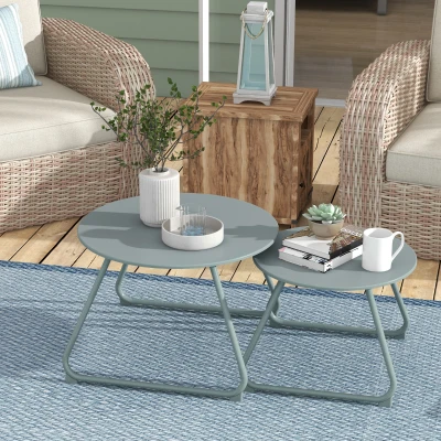 Outsunny Conjunto de 2 Mesas de Jardim Empilháveis Mesas Auxiliares de Jardim Redondas com Estrutura de Metal e Revestimento Epóxi Azul