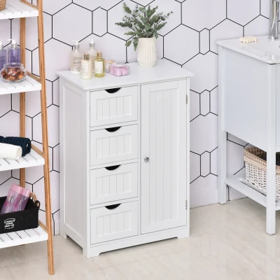 kleankin Armário Casa de Banho Móvel Auxiliar Organizador Moderno de Madeira com 1 Armário e  Gavetas 56x30x83 cm Branco