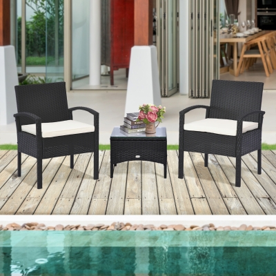 Outsunny 3 Pieces Rattan Bistro Set, Steel-Black