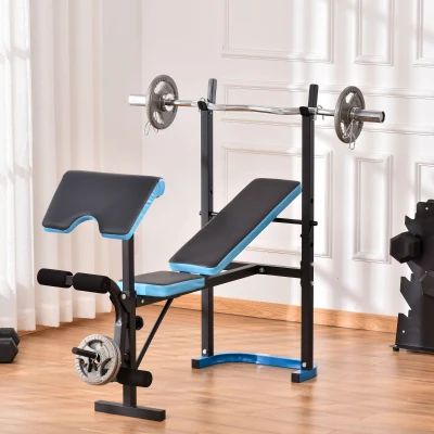 HOMCOM Banco de Musculación Banco de Pesas con Soporte para Barra y Respaldo Ajustable para Entrenamiento en Casa Gimnasio Azul