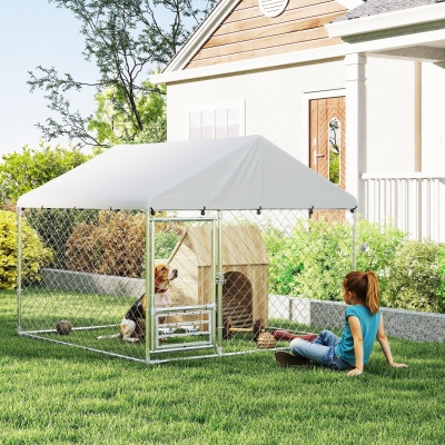 PawHut Perrera de Acero Galvanizado con Toldo Resistente y Estación de Alimentación para Perros 200x200x154 cm Plata