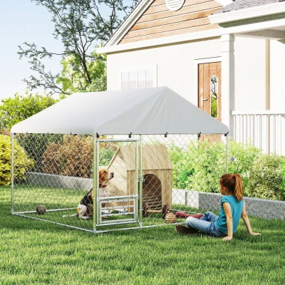 PawHut Perrera de Acero Galvanizado con Toldo Resistente y Estación de Alimentación para Perros 200x200x154 cm Plata