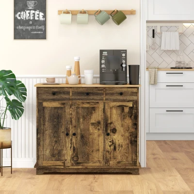 HOMCOM Sideboard Rubberwood Top Adjustable Shelves Rustic Brown