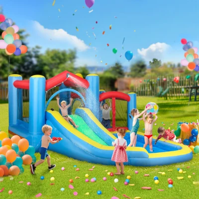 AIYAPLAY Castelo Insuflável 5 em 1 Parque Aquático Insuflável para Crianças com Escorrega Piscina Alvo e Cesta  385x290x180 cm Multicor