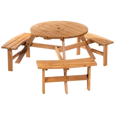 Outsunny Round Table W/3 Attached Benches-Fir Wood