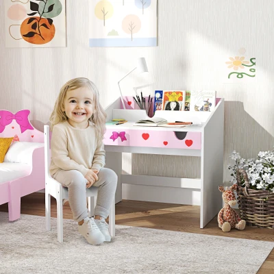 AIYAPLAY Conjunto de Secretária e Cadeira para Crianças com Gaveta Amovível e Compartimento para Dormitório Sala de Jogos Rosa e Branco