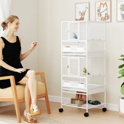 PawHut Gaiola para Pássaros de 2 Níveis com Rodas Painéis Acrílicos Comedouros Prateleira Bandejas Amovíveis  48x46x134,5 cm Branco