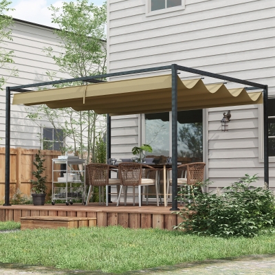 Outsunny Pérgola 298x213x221 cm Pérgola de Jardim com Teto Retrátil de Poliéster com Revestimento Caqui