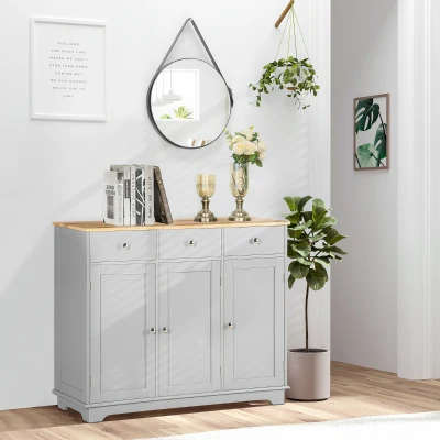 HOMCOM Sideboard Rubberwood Top Adjustable Shelves Grey