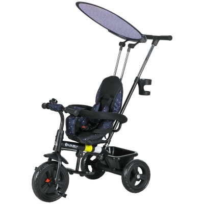HOMCOM 6-in-1 Kinderdriewieler met Duwstang, Dak, Gordel, Opbergmand, voor 1-5 Jaar, Donkerblauw