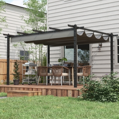 Outsunny Pérgola de Jardim 3,96x2,96x2,2 m com Teto Retrátil Tecido de Poliéster e 8 Orifícios de Drenagem Cinza
