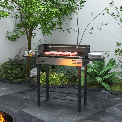 Outsunny Barbecue a Carvão Barbecue Portátil 118x32x90 cm com Espeto Giratório Ajustável em Altura com 3 Níveis Preto