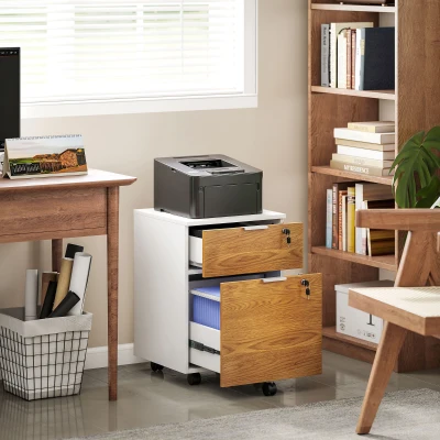 HOMCOM Mueble Archivador con 4 Ruedas 2 Cajones 2 Barras Colgantes y Cerradura para Tamaño A4 Carta 42x40x60cm Blanco y Natural