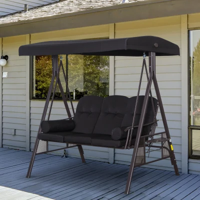 Outsunny Banco Baloiço de Jardim de 3 Lugares com Teto 2 Almofadas Suporte para Bebidas 206x116x183 cmPreto