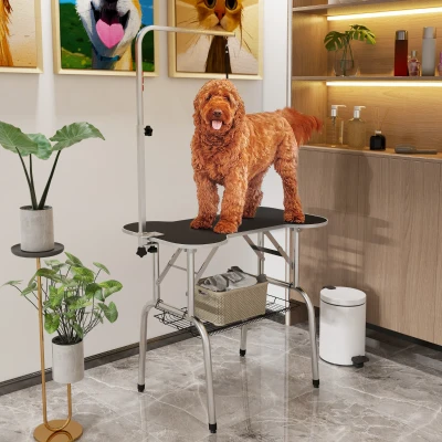 PawHut Pet Foldable Grooming Table w/ Adjustable Arm Non-Slip Tabletop Leash