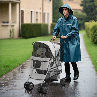 PawHut Passeggino Cani Pieghevole Copertura Antipioggia Grigio