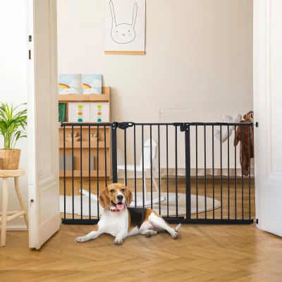 PawHut Barreira de Segurança Extensível para Portas e Escadas com Fechamento Automático e Sistema de Duplo Bloqueio 74-147,5x76,2 cm Preto