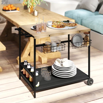 Outsunny Camarera con Ruedas de Madera con 2 Estantes 2 Cestas Metálicas y Soportes para Botellas 97,5x65x81 cm Natural y Negro