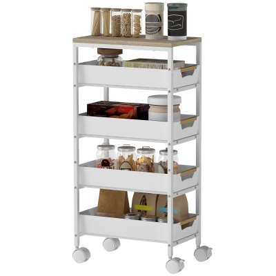 HOMCOM 5-laagse Keukentrolley, Houten Uiterlijk, Rolbaar, Metalen Frame, 4 Lades, Wit