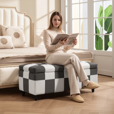 HOMCOM Velvet Storage Ottoman Button-Tufted Dark Grey