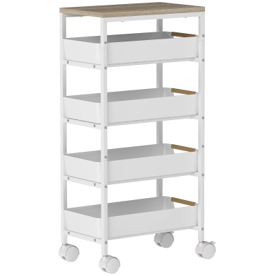 HOMCOM Carro de Cocina de 5 Niveles Carrito Auxiliar con Ruedas Tablero Efecto Madera Cajones Extraíbles 39,5x24x82 cm Blanco