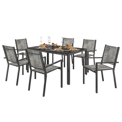 Set Masă și Scaune de Grădină 7 Piese, Mobilier Exterior din Oțel și Texteline, Blat cu Șipci din Lemn Compozit, Gri și Negru