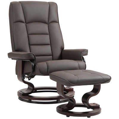 HOMCOM Relaxfauteuil met Voetenbank, Draaibaar & Kantelbaar, Kunstlederen Bekleding, Tot 150 kg, Houten Frame, Bruin