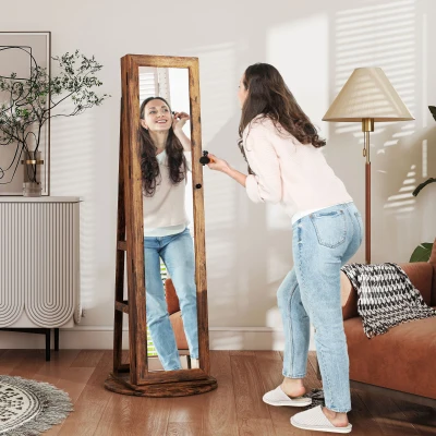 HOMCOM Specchio Portagioie Girevole con Chiusura a Chiave Marrone