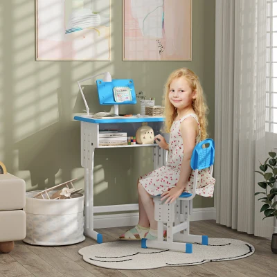 HOMCOM Kinder-Schreibtisch und Stuhl mit Leseständer Fach Haken und Stifthalter 60 x 45x 90-102 cm blau