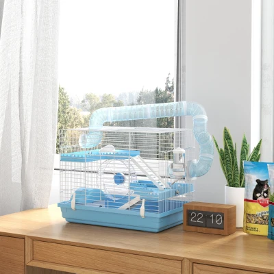PawHut Tragbarer Hamsterkäfig mit Hütte, Laufrad, Napf, Wasserflasche, 47,5 x 31,5 x 29,5 cm, Hellblau