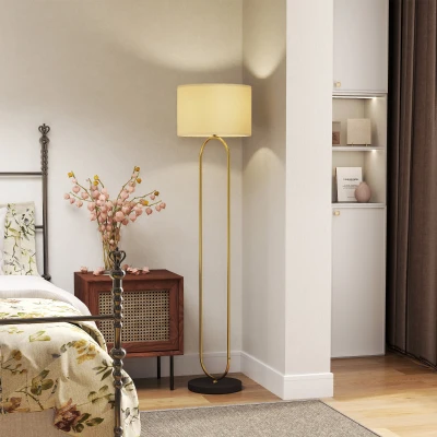 HOMCOM Stehlampe mit Leinenschirm und E27-Fassung, moderner Stil, Fußschalter für Wohnzimmer und Schlafzimmer, 156 cm, gold und schwarz