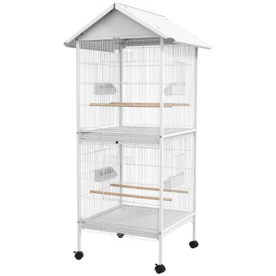 PawHut Vogelvoliere Käfig auf Rollen Designhaus Futtertröge Sitzstangen Türen Ablagen Kotwannen Metall