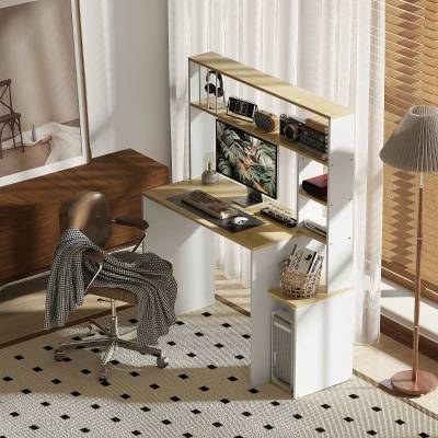 HOMCOM Computertisch mit offenen Regalen, Study Desk für Home Office und Schlafzimmer, Eiche-Farbe